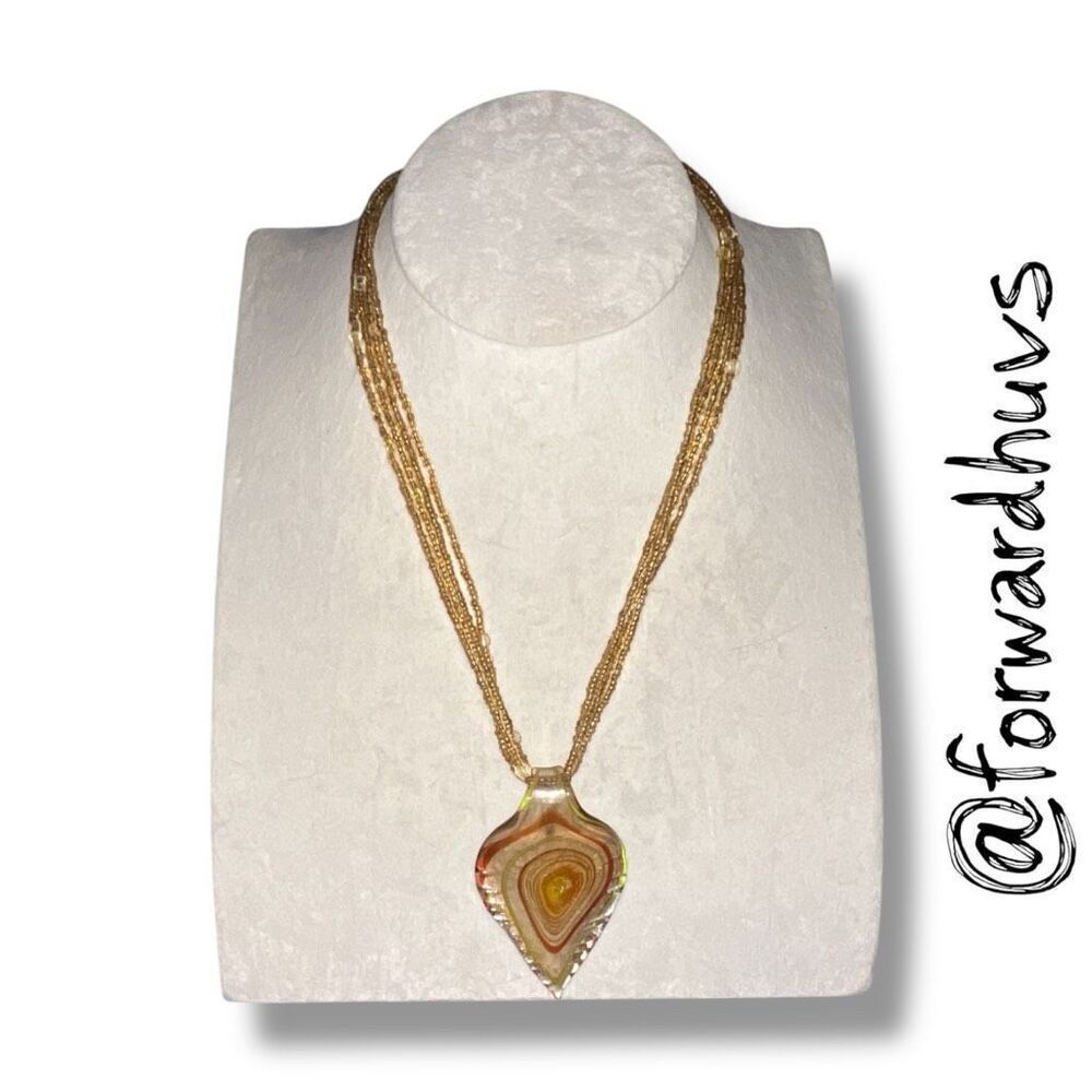 Multi-strand Seed Bead Necklace with Swirl Glass Pendant